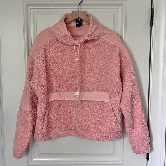Adidas Pink Sherpa Pullover Sweatshirt Teddy Jacket Sz Small High Neck Oversized - Picture 2 of 10
